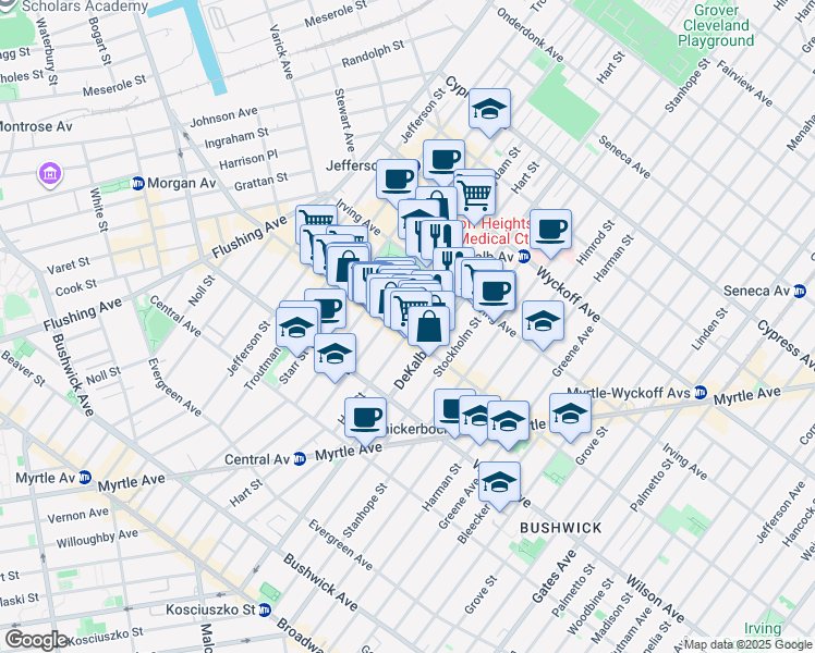 map of restaurants, bars, coffee shops, grocery stores, and more near 288 Suydam Street in Brooklyn