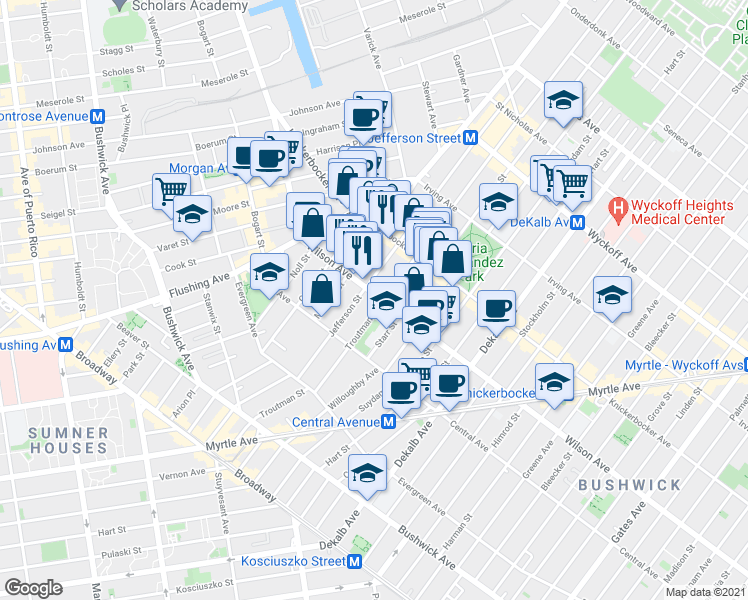 map of restaurants, bars, coffee shops, grocery stores, and more near in Brooklyn