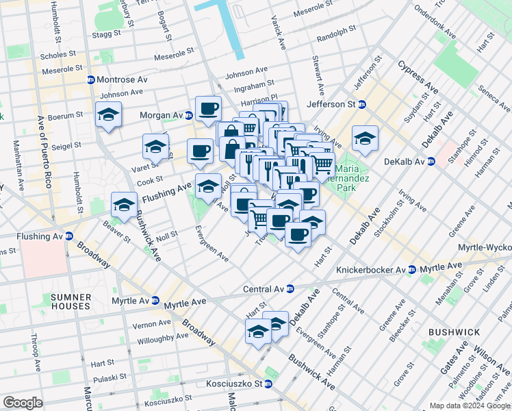 map of restaurants, bars, coffee shops, grocery stores, and more near 55 Wilson Avenue in Brooklyn