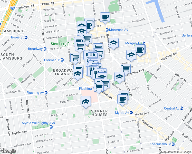map of restaurants, bars, coffee shops, grocery stores, and more near 70 Varet Street in Brooklyn