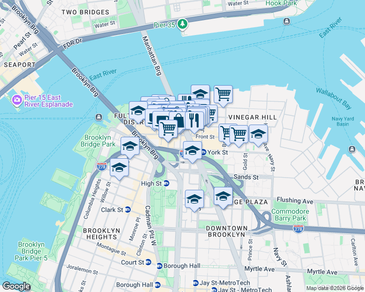 map of restaurants, bars, coffee shops, grocery stores, and more near 28 Adams Street in Brooklyn