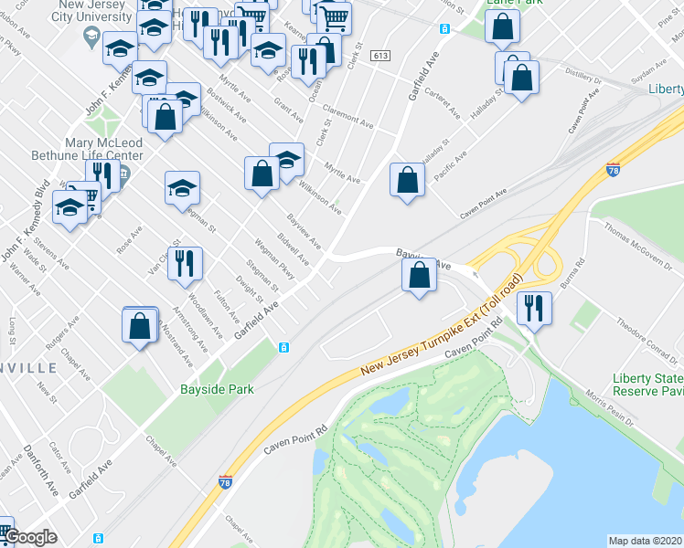 map of restaurants, bars, coffee shops, grocery stores, and more near 676 Garfield Avenue in Jersey City
