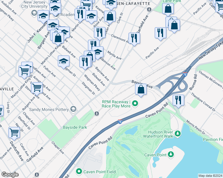 map of restaurants, bars, coffee shops, grocery stores, and more near 676 Garfield Avenue in Jersey City