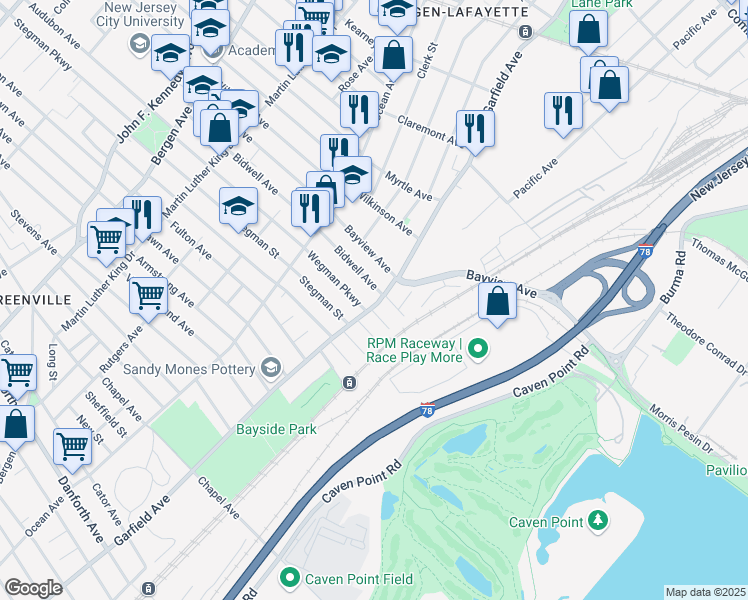 map of restaurants, bars, coffee shops, grocery stores, and more near 14 Bidwell Avenue in Jersey City