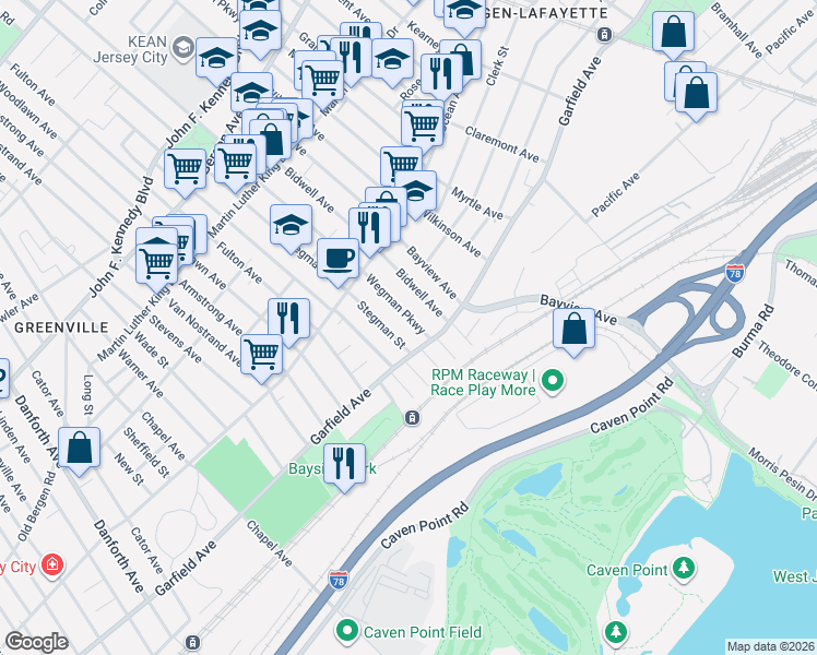 map of restaurants, bars, coffee shops, grocery stores, and more near 38 Wegman Parkway in Jersey City