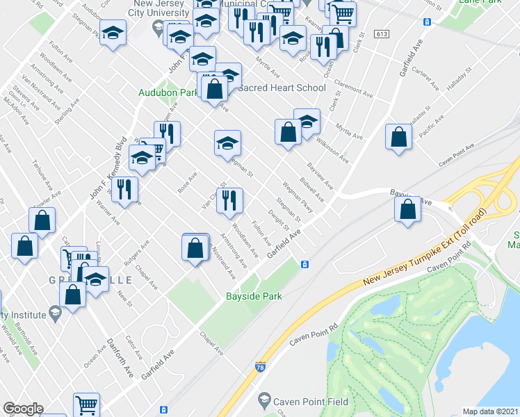 map of restaurants, bars, coffee shops, grocery stores, and more near 78 Dwight Street in Jersey City