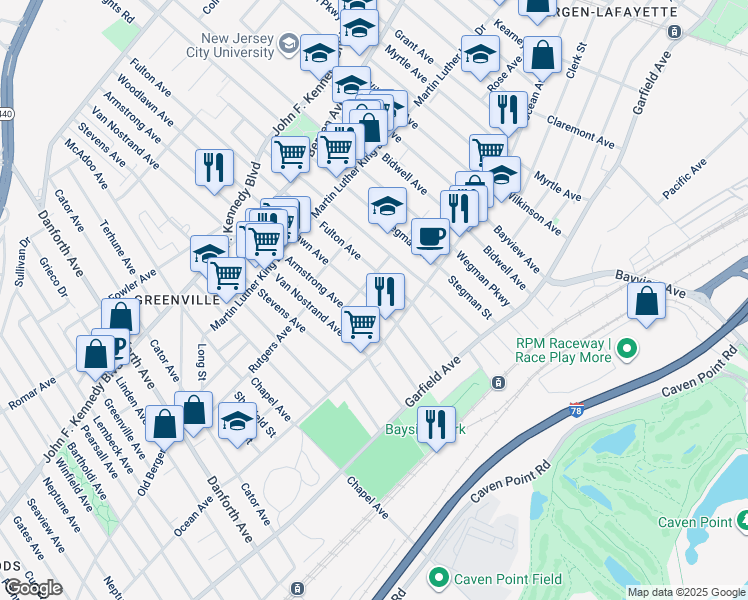 map of restaurants, bars, coffee shops, grocery stores, and more near 100 Fulton Avenue in Jersey City
