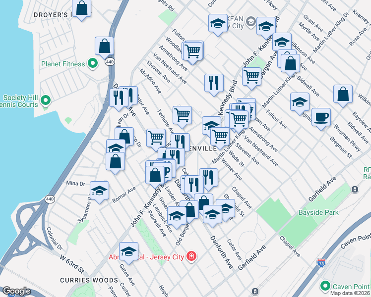 map of restaurants, bars, coffee shops, grocery stores, and more near in Jersey City