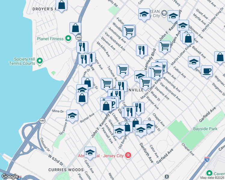map of restaurants, bars, coffee shops, grocery stores, and more near 315 Cator Avenue in Jersey City