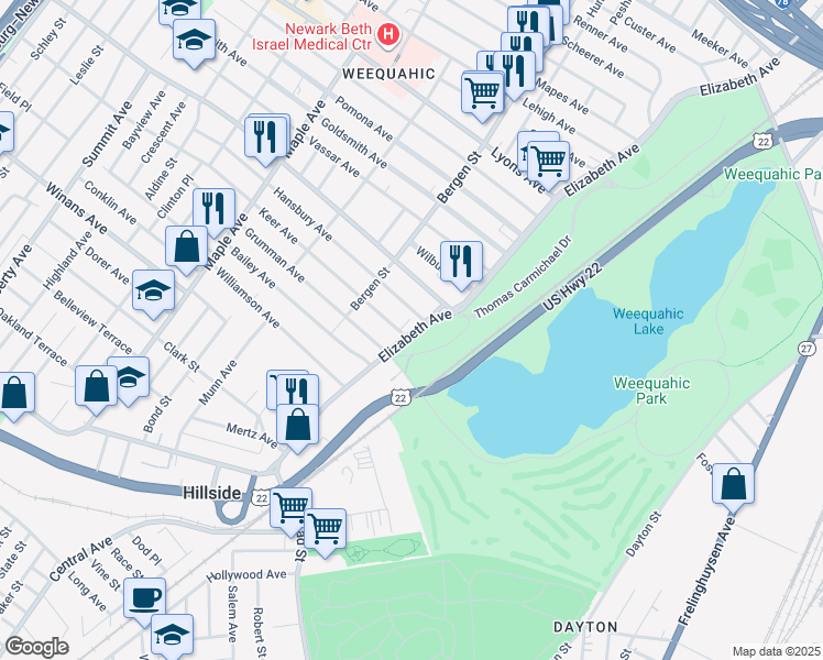 map of restaurants, bars, coffee shops, grocery stores, and more near 10/20 Chancellor Avenue in Newark