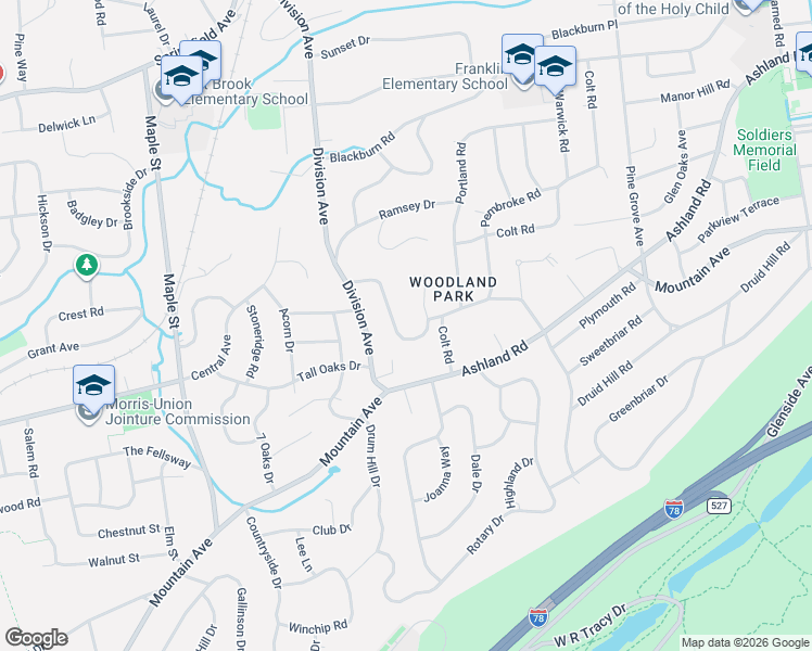 map of restaurants, bars, coffee shops, grocery stores, and more near 12 Canterbury Lane in Summit