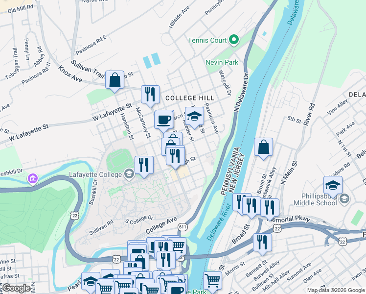 map of restaurants, bars, coffee shops, grocery stores, and more near 316 West Monroe Street in Easton