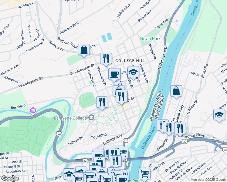 map of restaurants, bars, coffee shops, grocery stores, and more near in Easton