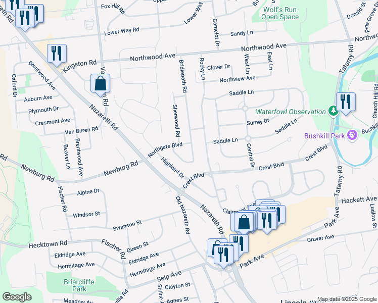 map of restaurants, bars, coffee shops, grocery stores, and more near 21 Northgate Boulevard in Easton
