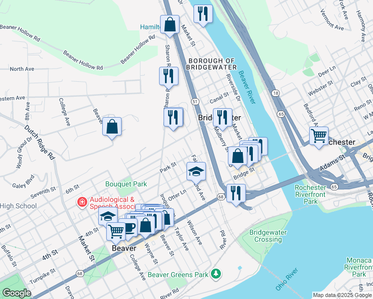 map of restaurants, bars, coffee shops, grocery stores, and more near 903 Magnolia Street in Beaver