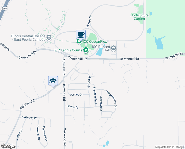 map of restaurants, bars, coffee shops, grocery stores, and more near 100 Cougar Lane in East Peoria