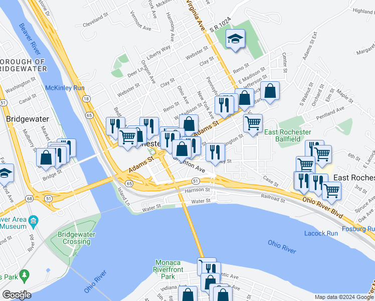 map of restaurants, bars, coffee shops, grocery stores, and more near 282 Jackson Street in Rochester