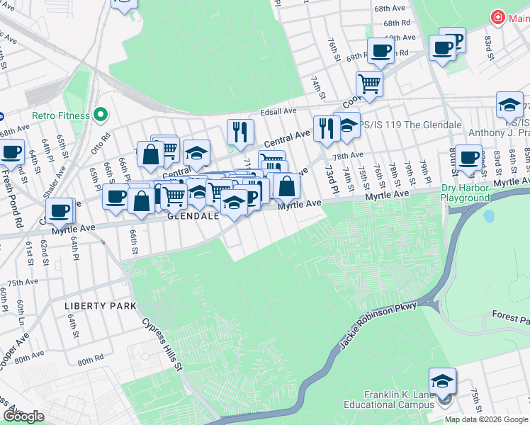 map of restaurants, bars, coffee shops, grocery stores, and more near 71-66 71st Place in Queens