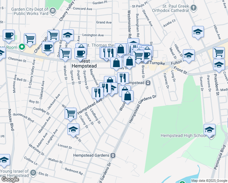 map of restaurants, bars, coffee shops, grocery stores, and more near 65 Morton Avenue in West Hempstead