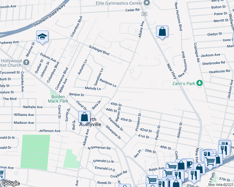 map of restaurants, bars, coffee shops, grocery stores, and more near 3 Russell Court in Copiague
