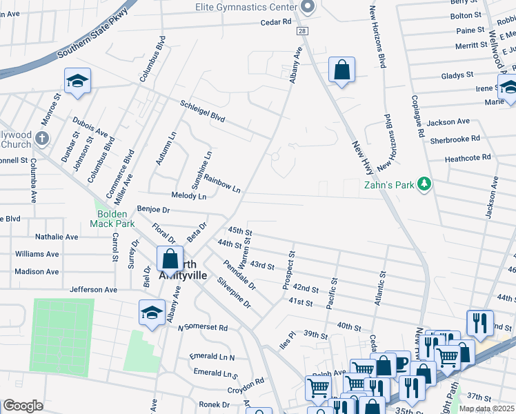 map of restaurants, bars, coffee shops, grocery stores, and more near 6 Russell Court in Copiague