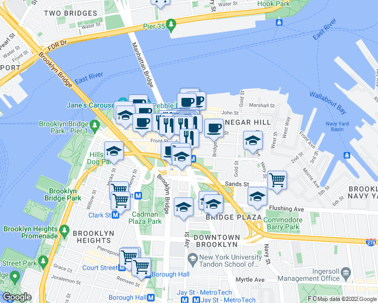 map of restaurants, bars, coffee shops, grocery stores, and more near 56 Jay Street in Brooklyn