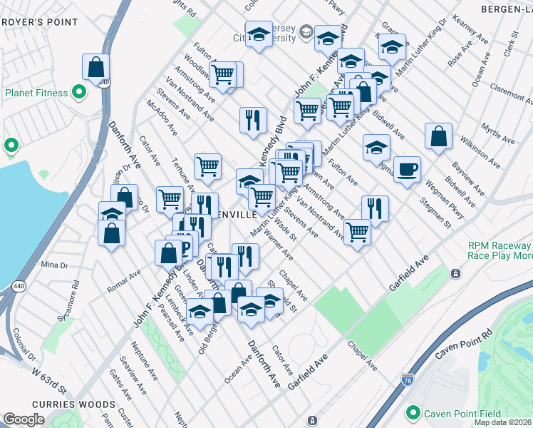 map of restaurants, bars, coffee shops, grocery stores, and more near 121 Wade Street in Jersey City
