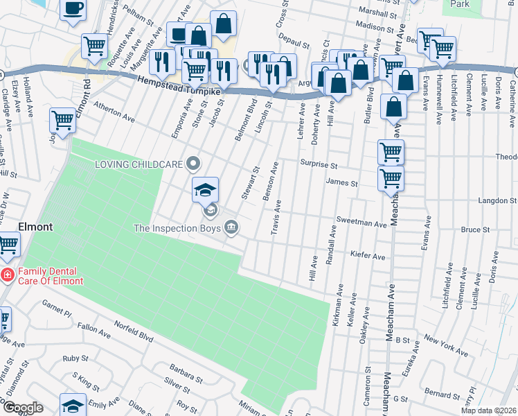 map of restaurants, bars, coffee shops, grocery stores, and more near 258 Benson Avenue in Elmont