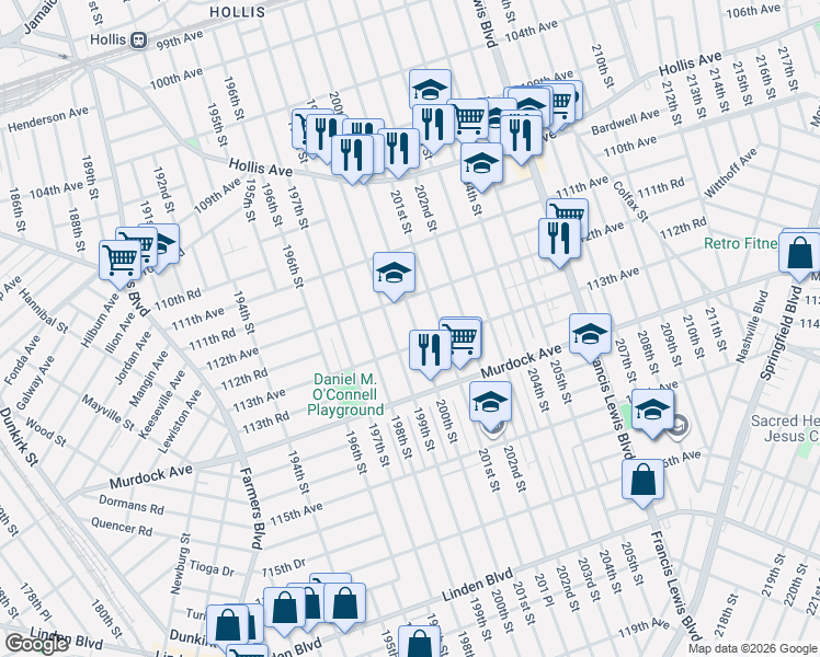 map of restaurants, bars, coffee shops, grocery stores, and more near 112-12 201st Street in Queens