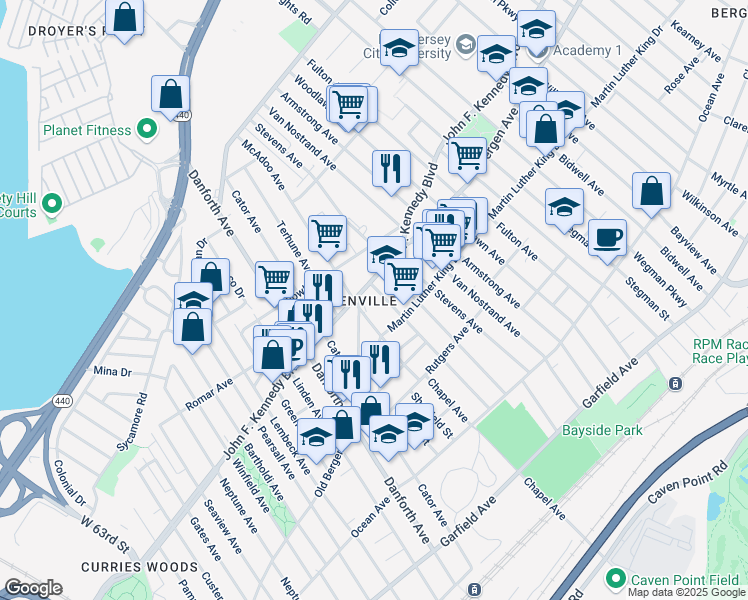 map of restaurants, bars, coffee shops, grocery stores, and more near 1832 John F. Kennedy Boulevard in Jersey City