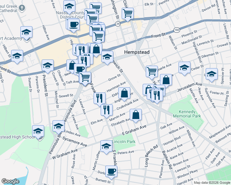 map of restaurants, bars, coffee shops, grocery stores, and more near 68 Harriman Avenue in Hempstead