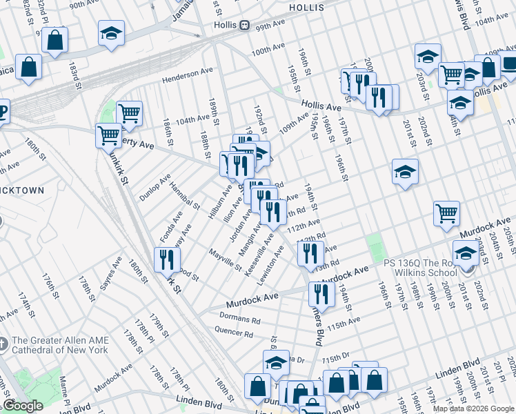 map of restaurants, bars, coffee shops, grocery stores, and more near 190-18 110th Road in Queens