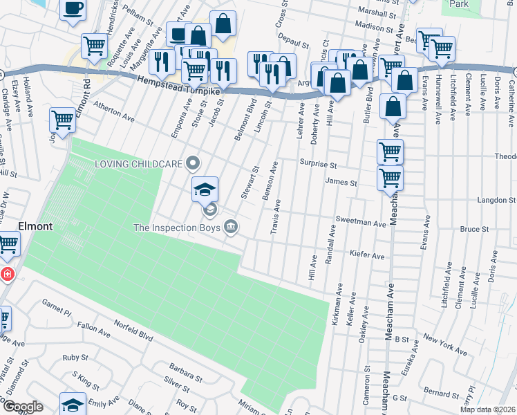map of restaurants, bars, coffee shops, grocery stores, and more near 1529 Brunswick Place in Elmont