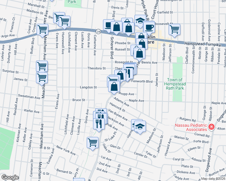 map of restaurants, bars, coffee shops, grocery stores, and more near 223 Scherer Blvd in Franklin Square
