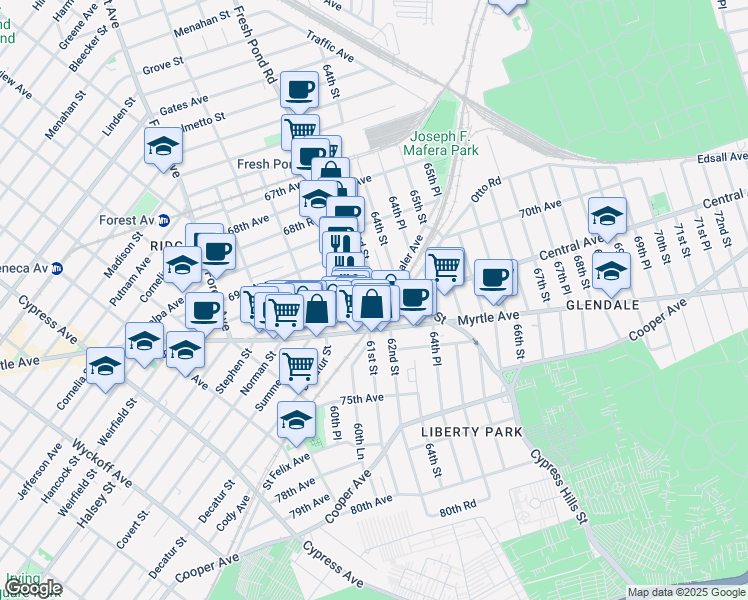 map of restaurants, bars, coffee shops, grocery stores, and more near 70-12 Cypress Hills Street in Queens