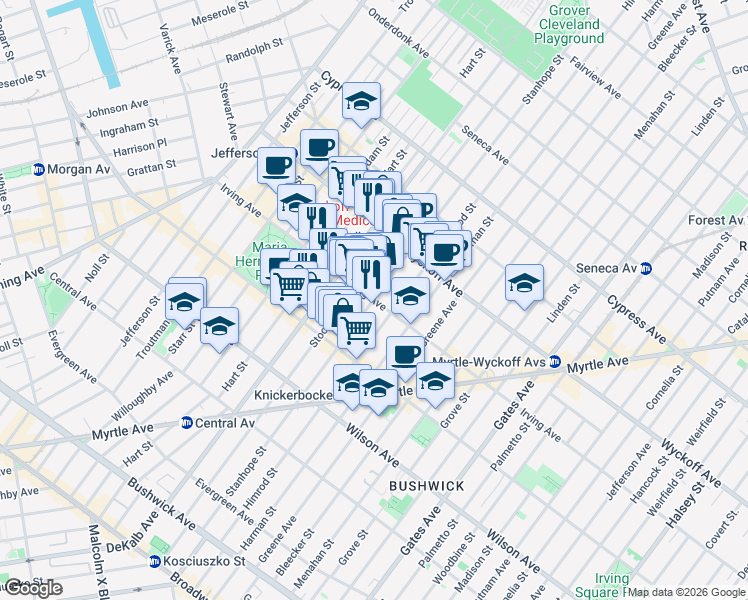map of restaurants, bars, coffee shops, grocery stores, and more near Irving Avenue & Stanhope Street in Brooklyn
