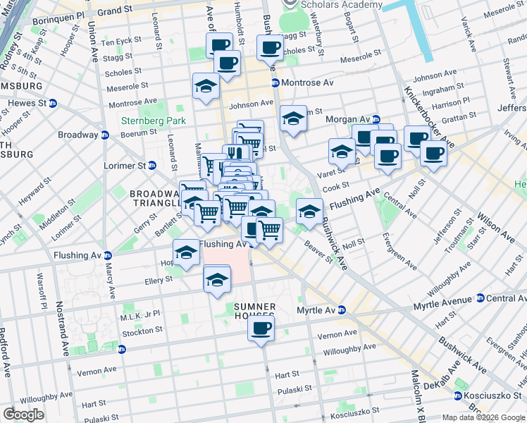 map of restaurants, bars, coffee shops, grocery stores, and more near 23 Humboldt Street in Brooklyn