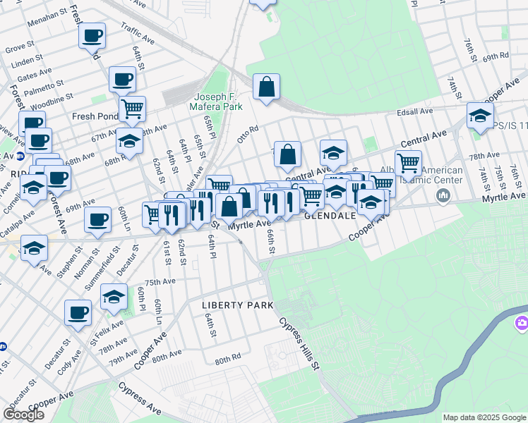 map of restaurants, bars, coffee shops, grocery stores, and more near 71-33 66th Street in Queens