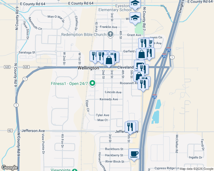 map of restaurants, bars, coffee shops, grocery stores, and more near 3736 Roosevelt Avenue in Wellington