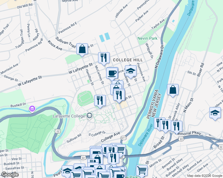 map of restaurants, bars, coffee shops, grocery stores, and more near in Easton