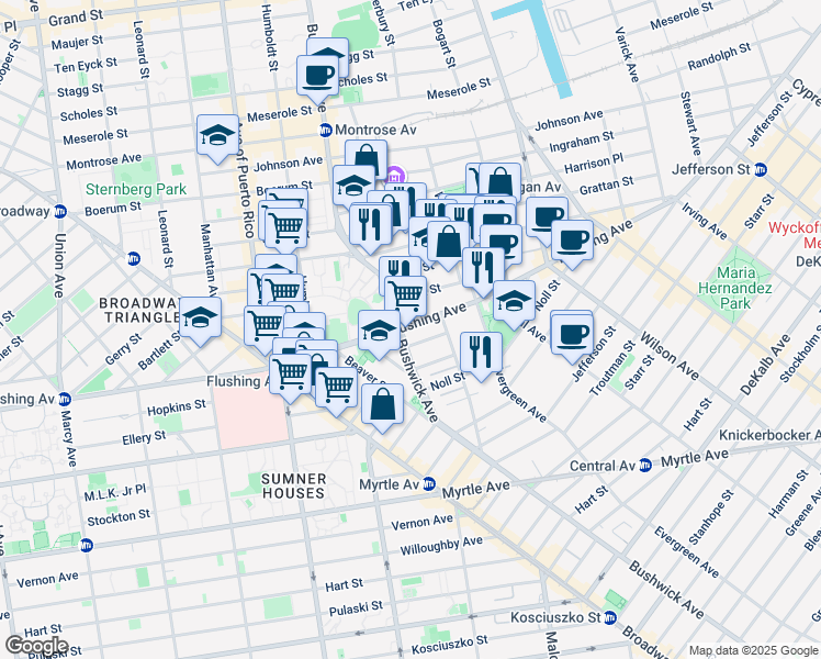 map of restaurants, bars, coffee shops, grocery stores, and more near 882 Flushing Avenue in Brooklyn