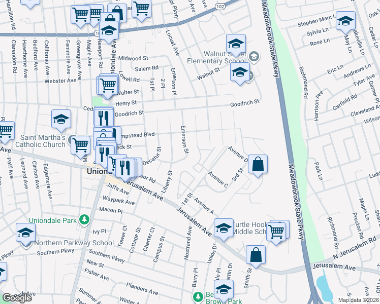map of restaurants, bars, coffee shops, grocery stores, and more near 530 Berkley Street in Uniondale