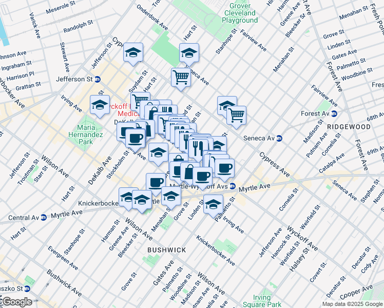 map of restaurants, bars, coffee shops, grocery stores, and more near 231 Wyckoff Avenue in Brooklyn
