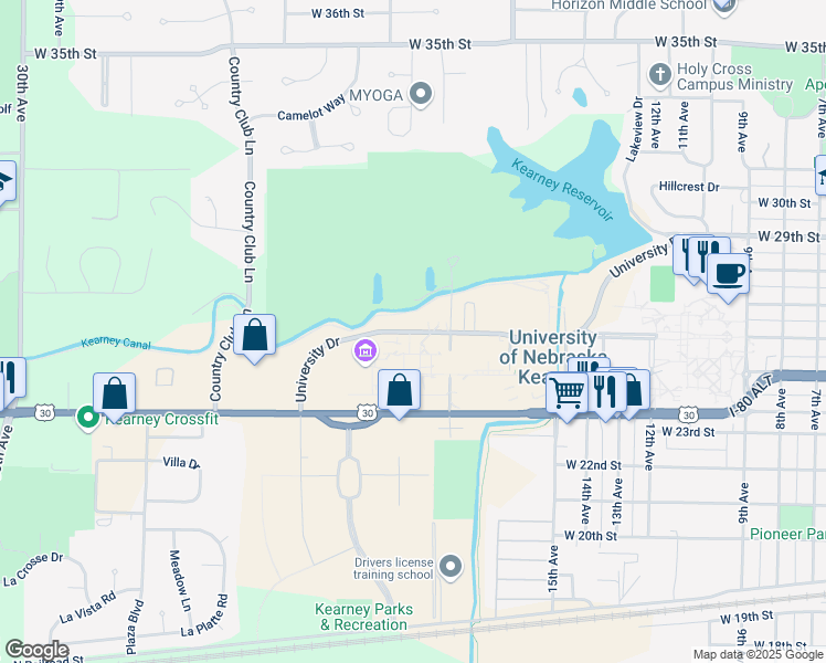 map of restaurants, bars, coffee shops, grocery stores, and more near 2402 University Drive in Kearney