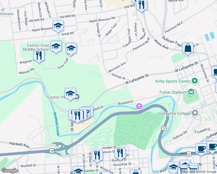 map of restaurants, bars, coffee shops, grocery stores, and more near 917 George Street in Easton