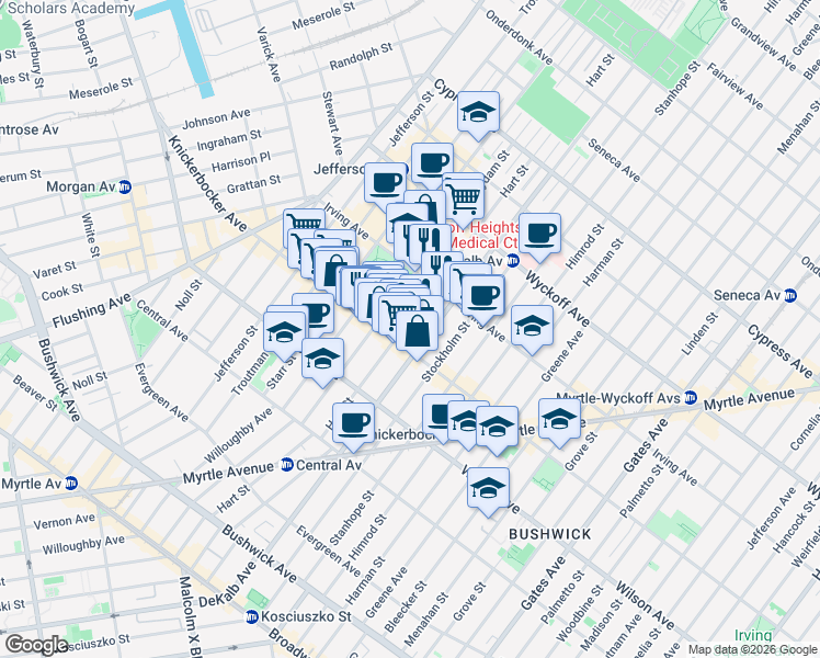 map of restaurants, bars, coffee shops, grocery stores, and more near 288 Suydam Street in Brooklyn