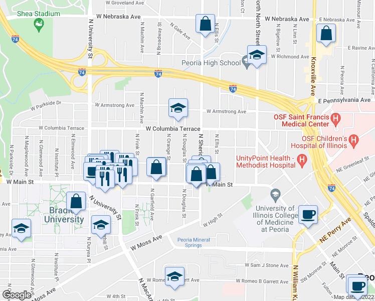 map of restaurants, bars, coffee shops, grocery stores, and more near 1118 North Douglas Street in Peoria