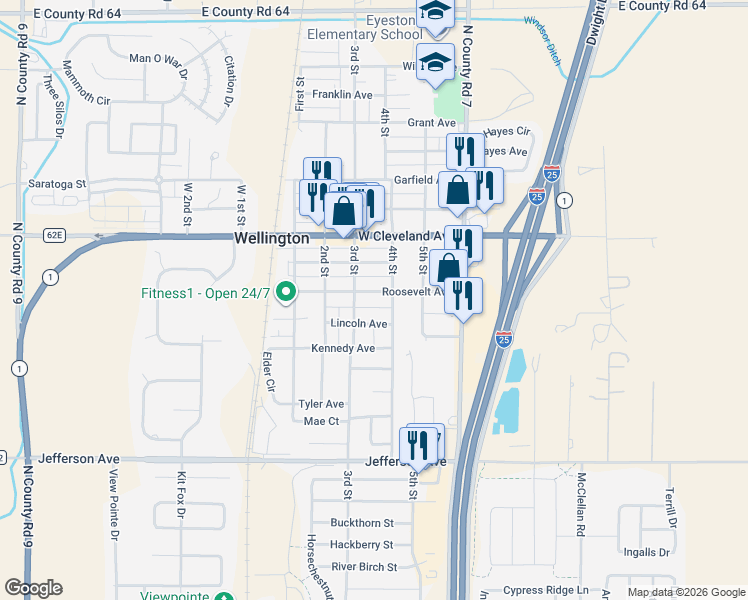 map of restaurants, bars, coffee shops, grocery stores, and more near 3812 Roosevelt Avenue in Wellington