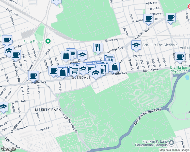 map of restaurants, bars, coffee shops, grocery stores, and more near Myrtle Avenue & 69th Place in Queens