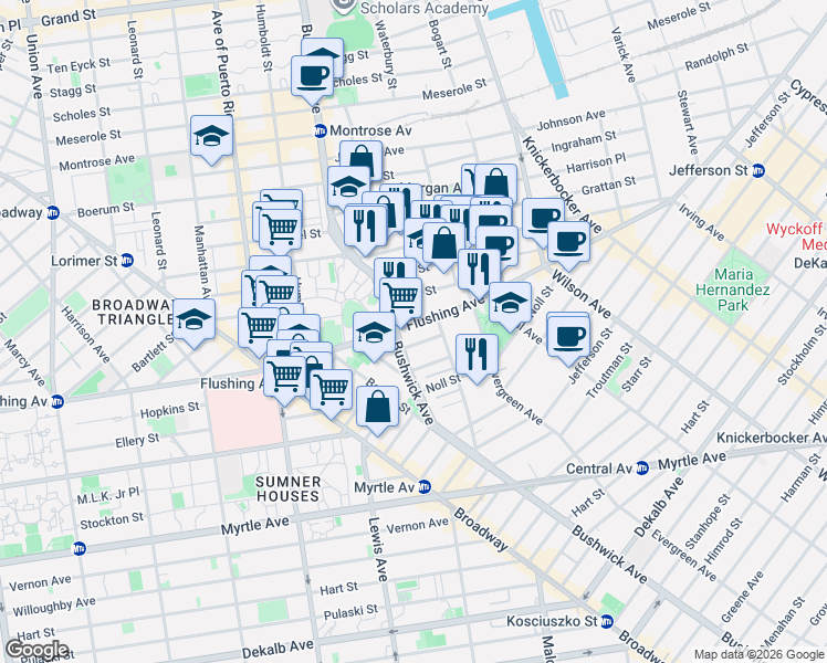 map of restaurants, bars, coffee shops, grocery stores, and more near 162 Cook Street in Brooklyn